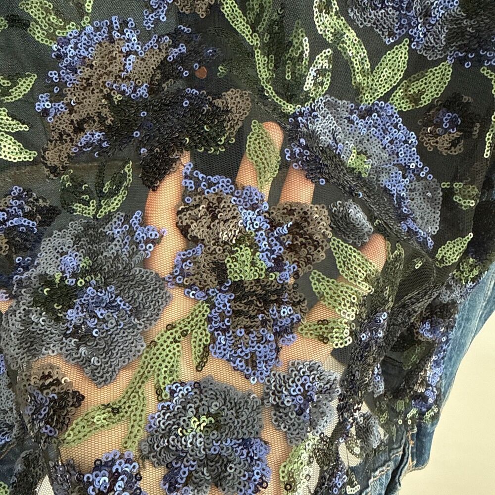 Suzy T Designs Sz L Lace Back Denim Jacket Blue Statement Couture Floral Boho - Picture 4 of 16